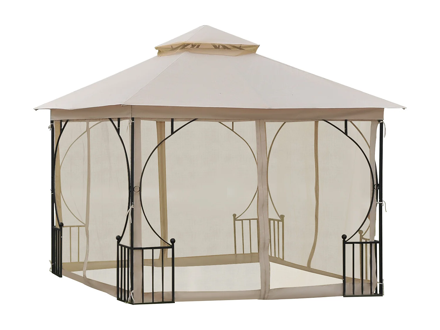 Pavillon de jardin tonnelle barnum style colonial double toit toiles moustiquaires amovibles zippées dim. 2,95L x 2,95l x 2,75H m beige noir