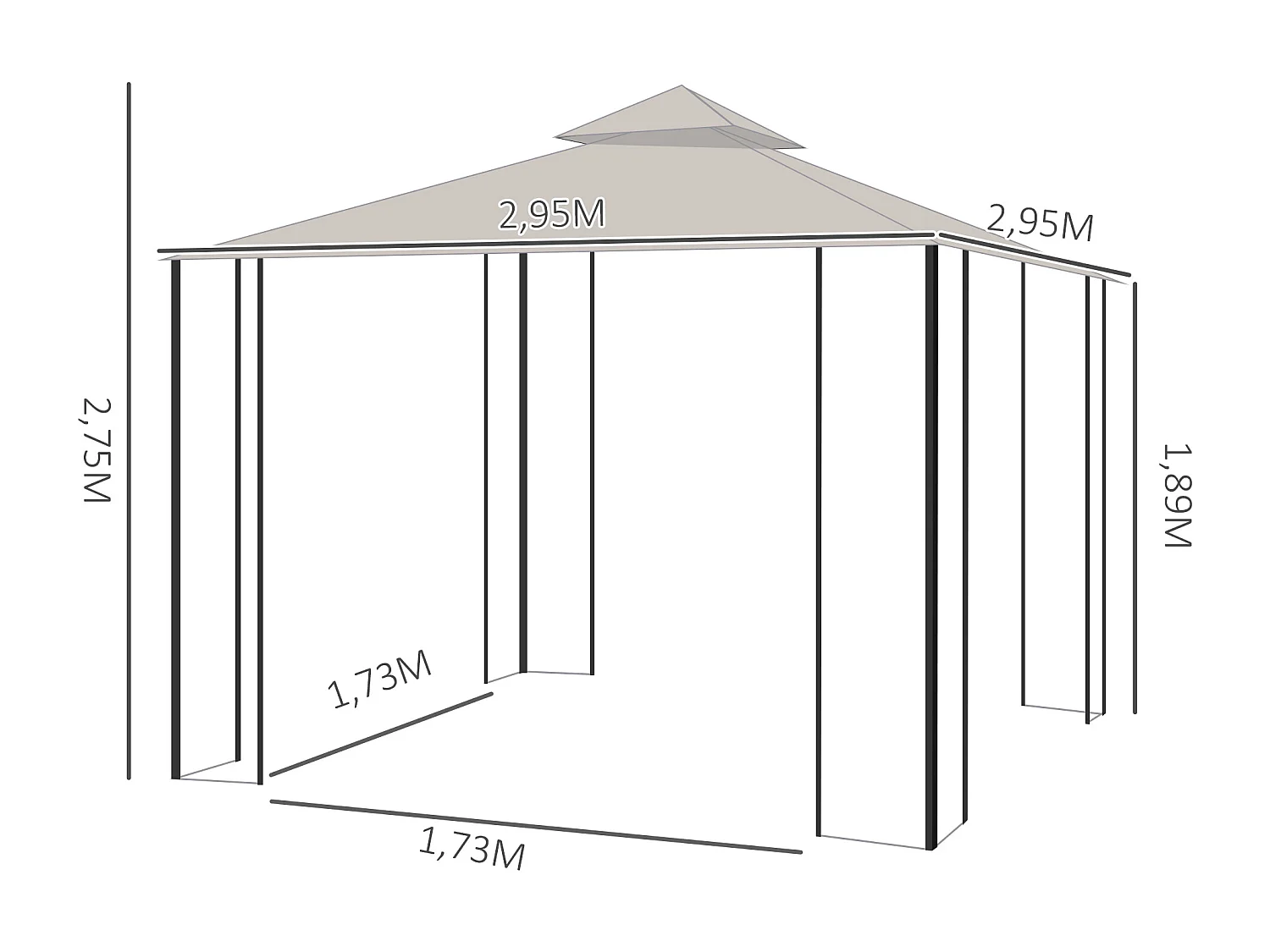 Pavillon de jardin tonnelle barnum style colonial double toit toiles moustiquaires amovibles zippées dim. 2,95L x 2,95l x 2,75H m beige noir