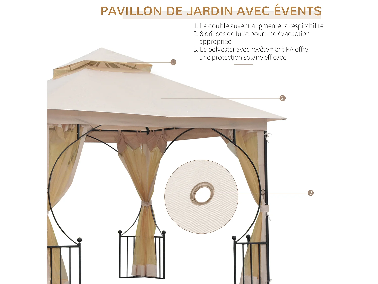 Pavillon de jardin tonnelle barnum style colonial double toit toiles moustiquaires amovibles zippées dim. 2,95L x 2,95l x 2,75H m beige noir