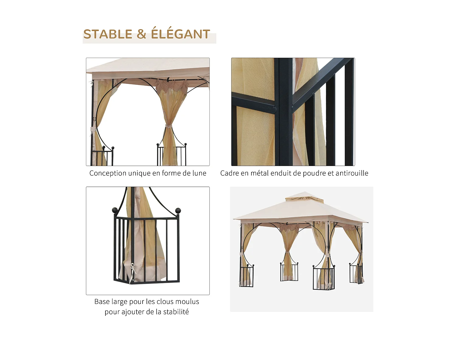 Pavillon de jardin tonnelle barnum style colonial double toit toiles moustiquaires amovibles zippées dim. 2,95L x 2,95l x 2,75H m beige noir