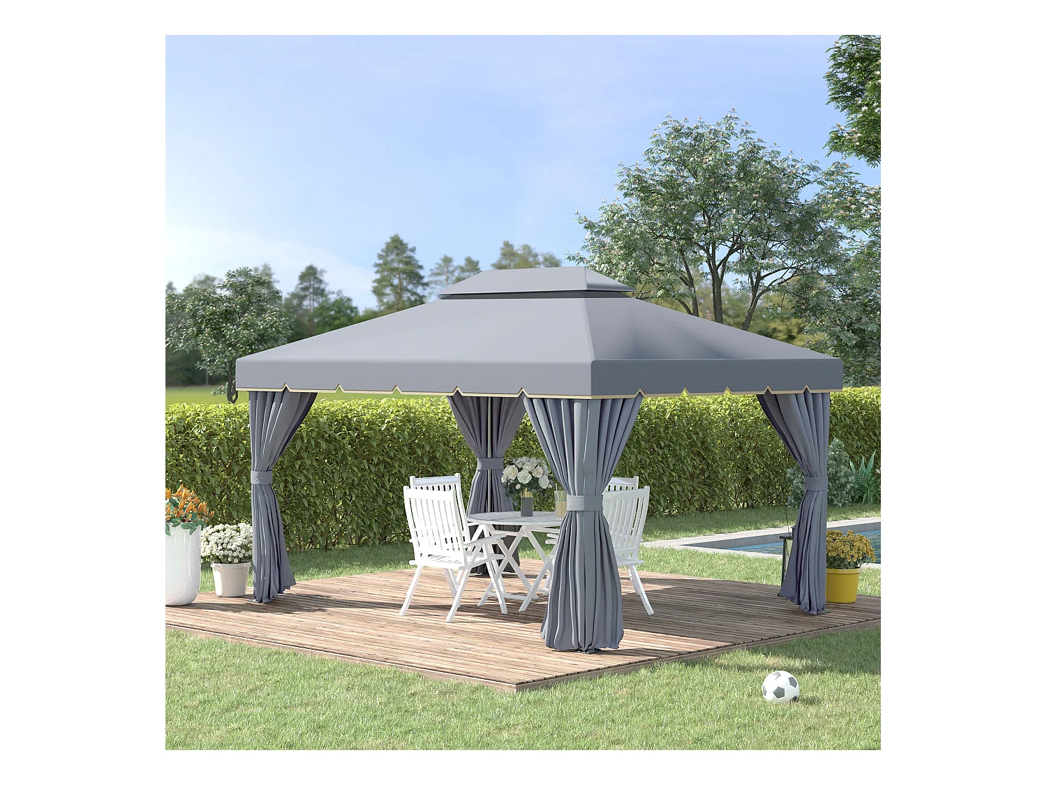 Tonnelle barnum pavillon de jardin style colonial double toit toile moustiquaires et toiles amovibles 3,9L x 2,9l x 2,8H m gris