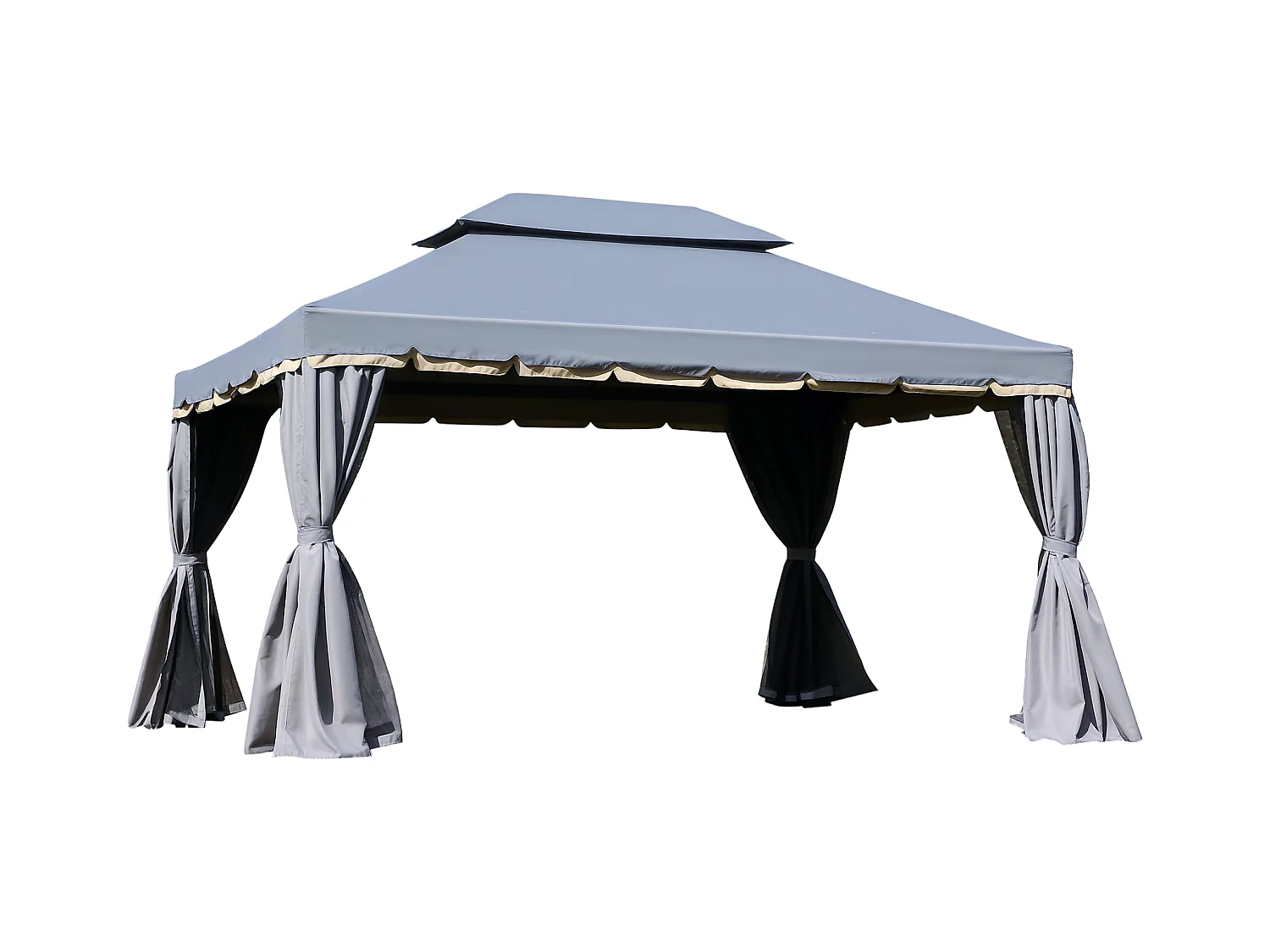 Tonnelle barnum pavillon de jardin style colonial double toit toile moustiquaires et toiles amovibles 3,9L x 2,9l x 2,8H m gris