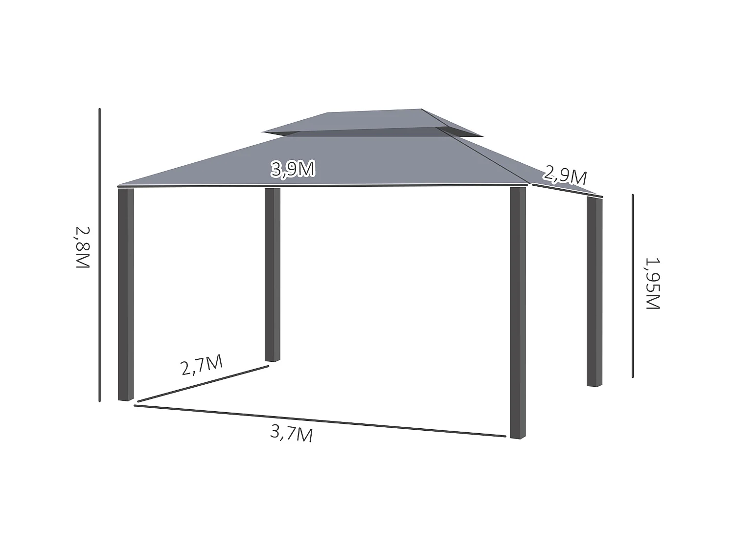 Tonnelle barnum pavillon de jardin style colonial double toit toile moustiquaires et toiles amovibles 3,9L x 2,9l x 2,8H m gris