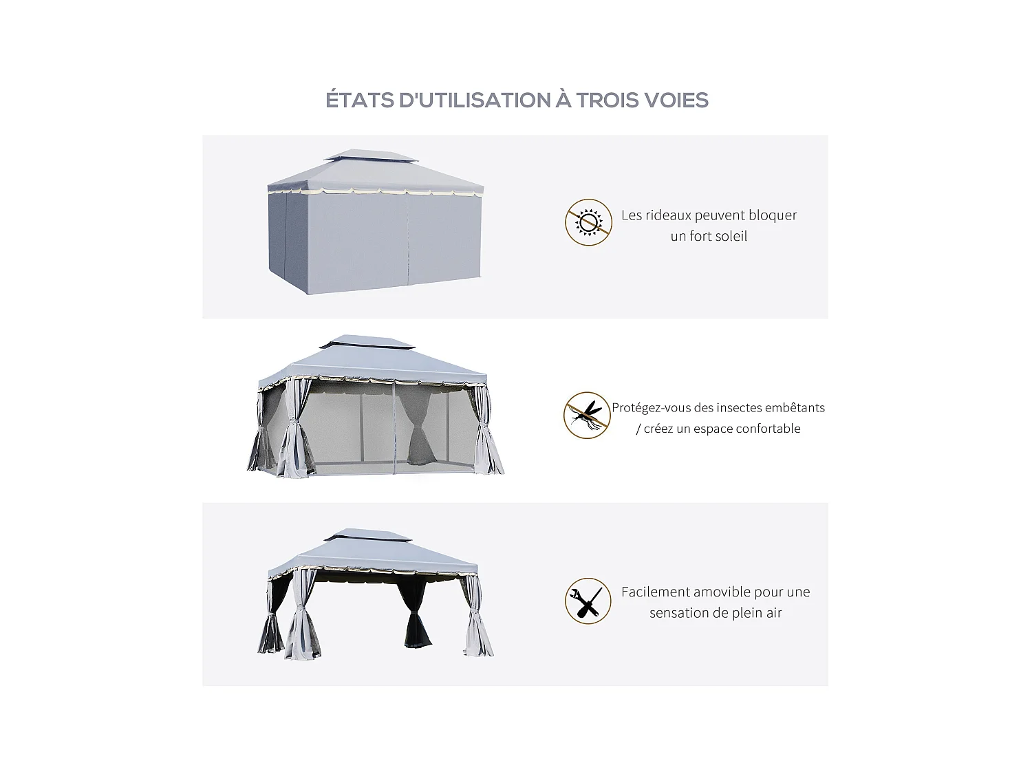 Tonnelle barnum pavillon de jardin style colonial double toit toile moustiquaires et toiles amovibles 3,9L x 2,9l x 2,8H m gris