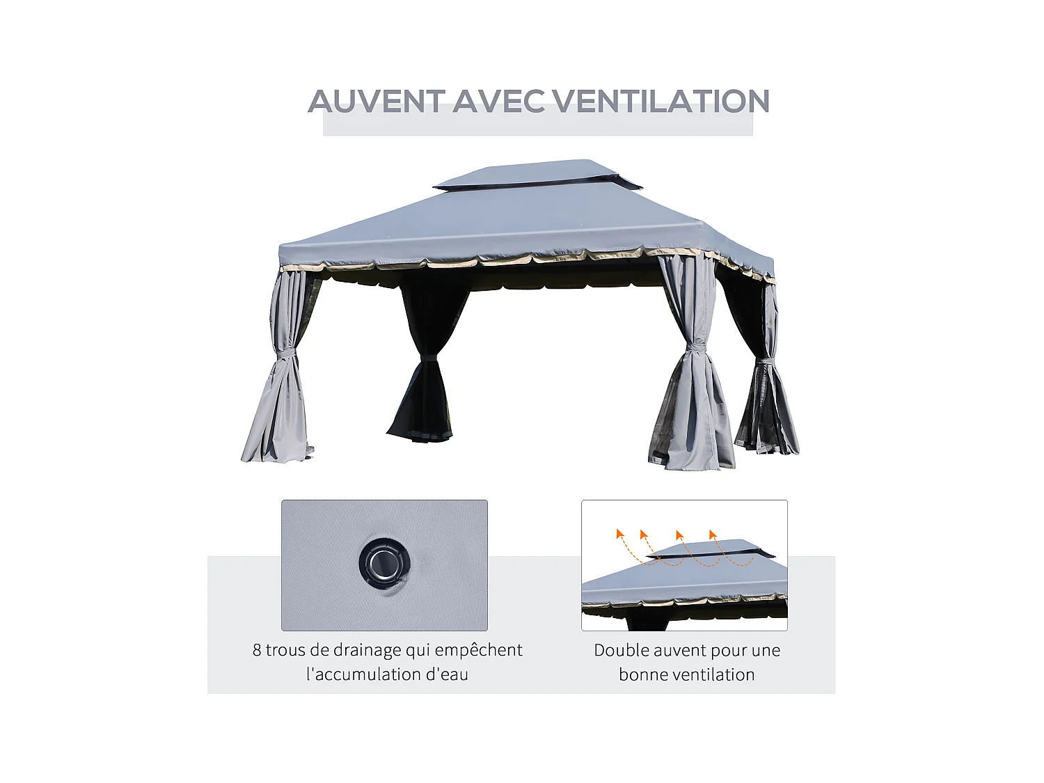 Tonnelle barnum pavillon de jardin style colonial double toit toile moustiquaires et toiles amovibles 3,9L x 2,9l x 2,8H m gris