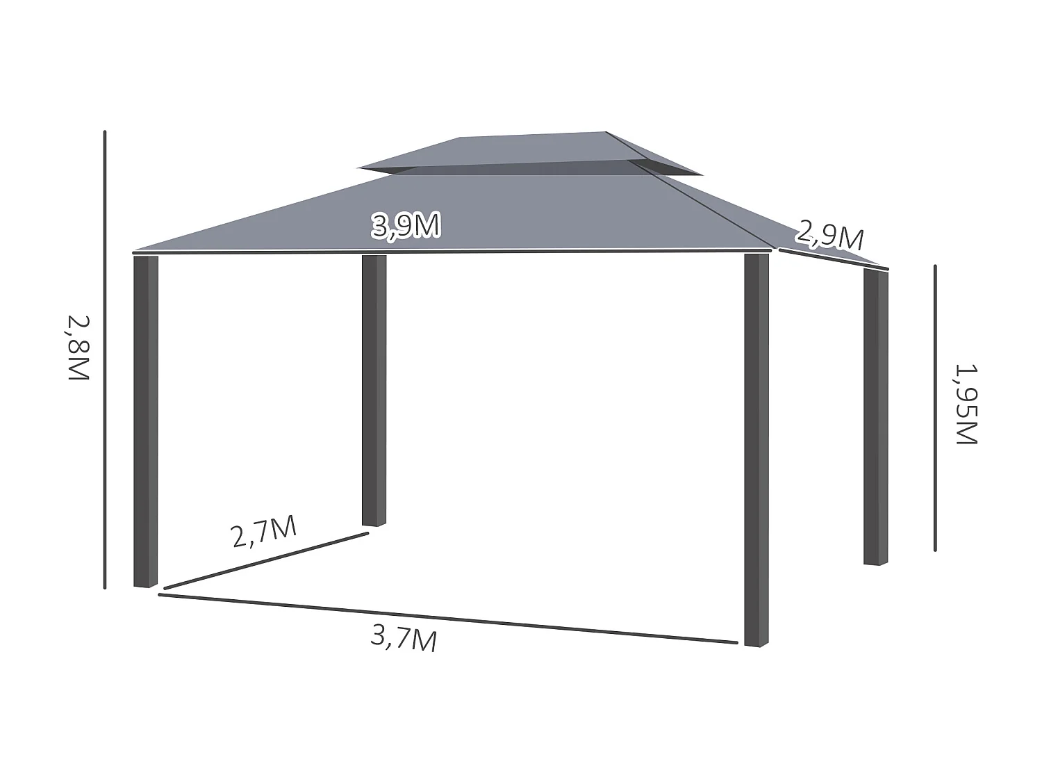 Tonnelle barnum pavillon de jardin style colonial double toit toile moustiquaires et toiles amovibles 3,9L x 2,9l x 2,8H m gris