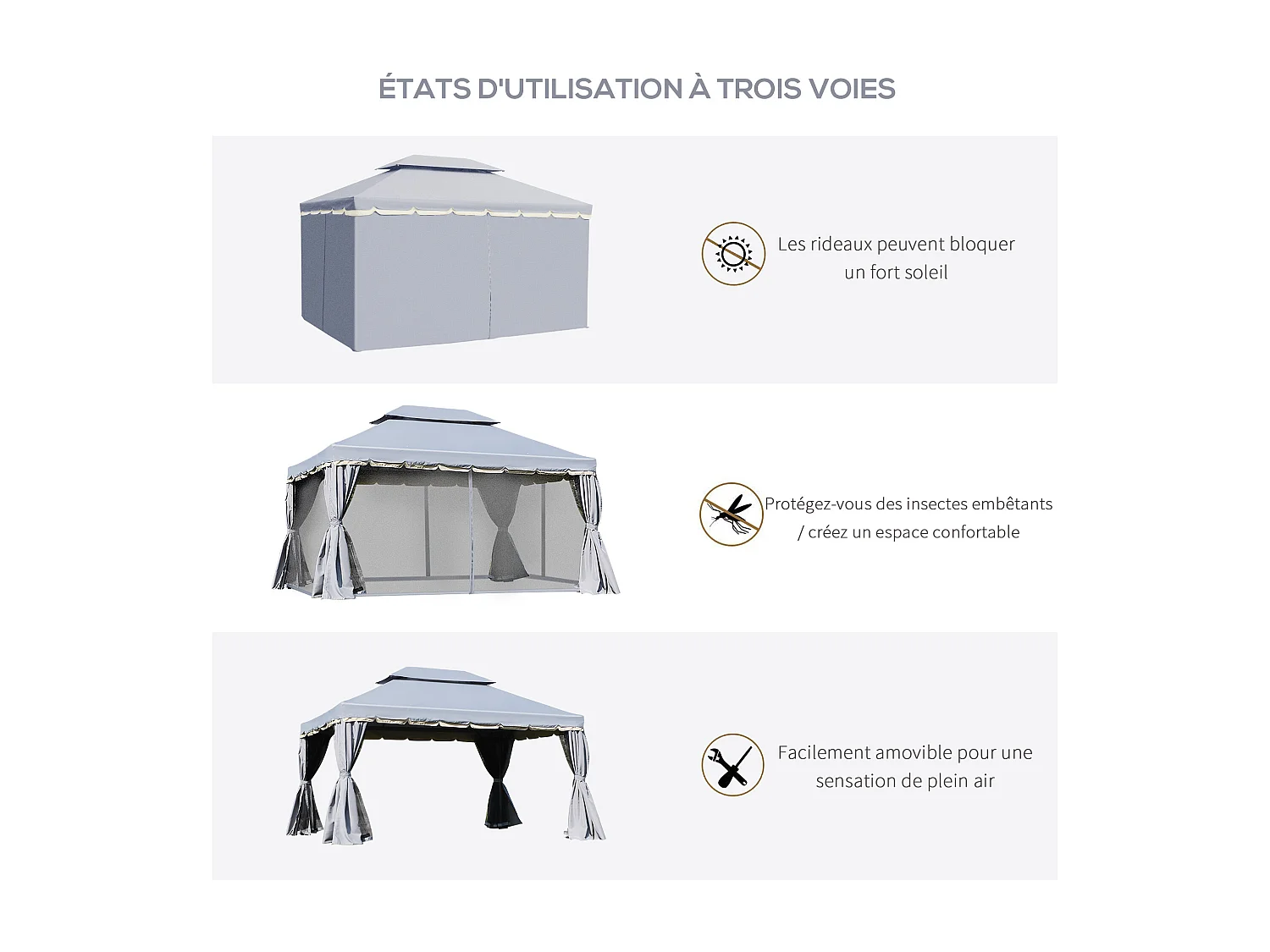 Tonnelle barnum pavillon de jardin style colonial double toit toile moustiquaires et toiles amovibles 3,9L x 2,9l x 2,8H m gris