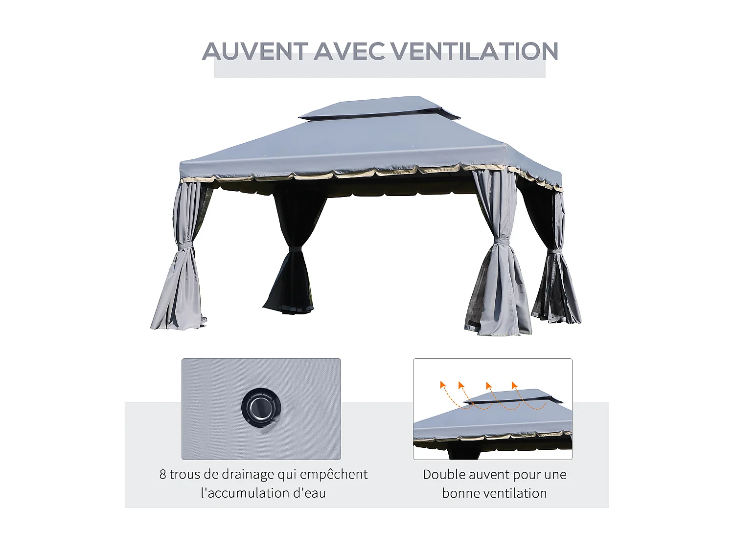 Tonnelle barnum pavillon de jardin style colonial double toit toile moustiquaires et toiles amovibles 3,9L x 2,9l x 2,8H m gris