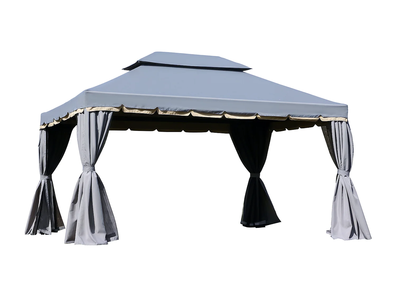 Tonnelle barnum pavillon de jardin style colonial double toit toile moustiquaires et toiles amovibles 3,9L x 2,9l x 2,8H m gris