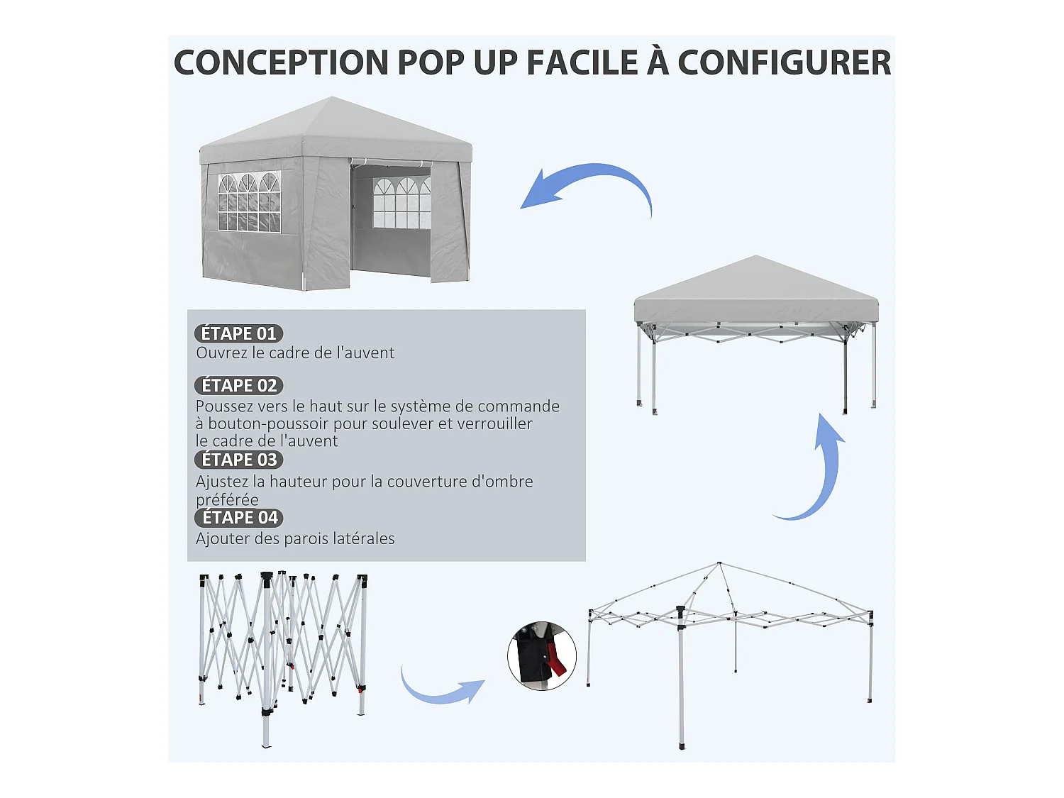 Tonnelle barnum pop-up pliant 2,98L x 2,98l x 2,75H m sacs de lestage et transport inclus gris