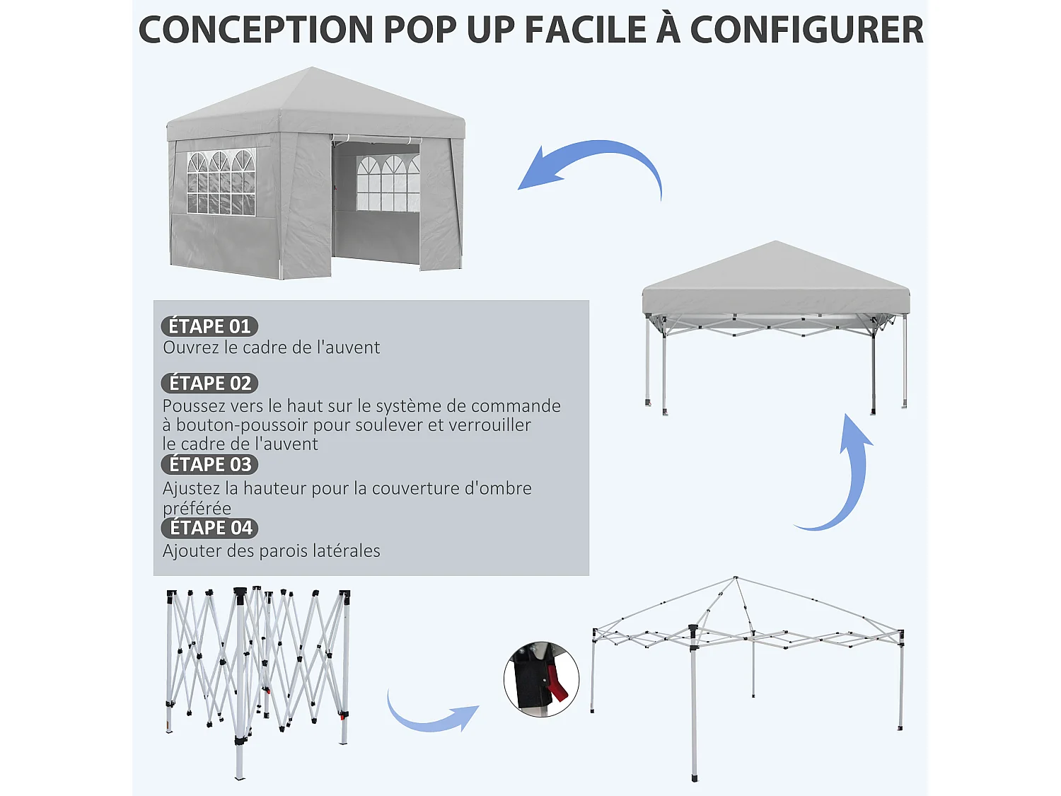 Tonnelle barnum pop-up pliant 2,98L x 2,98l x 2,75H m sacs de lestage et transport inclus gris