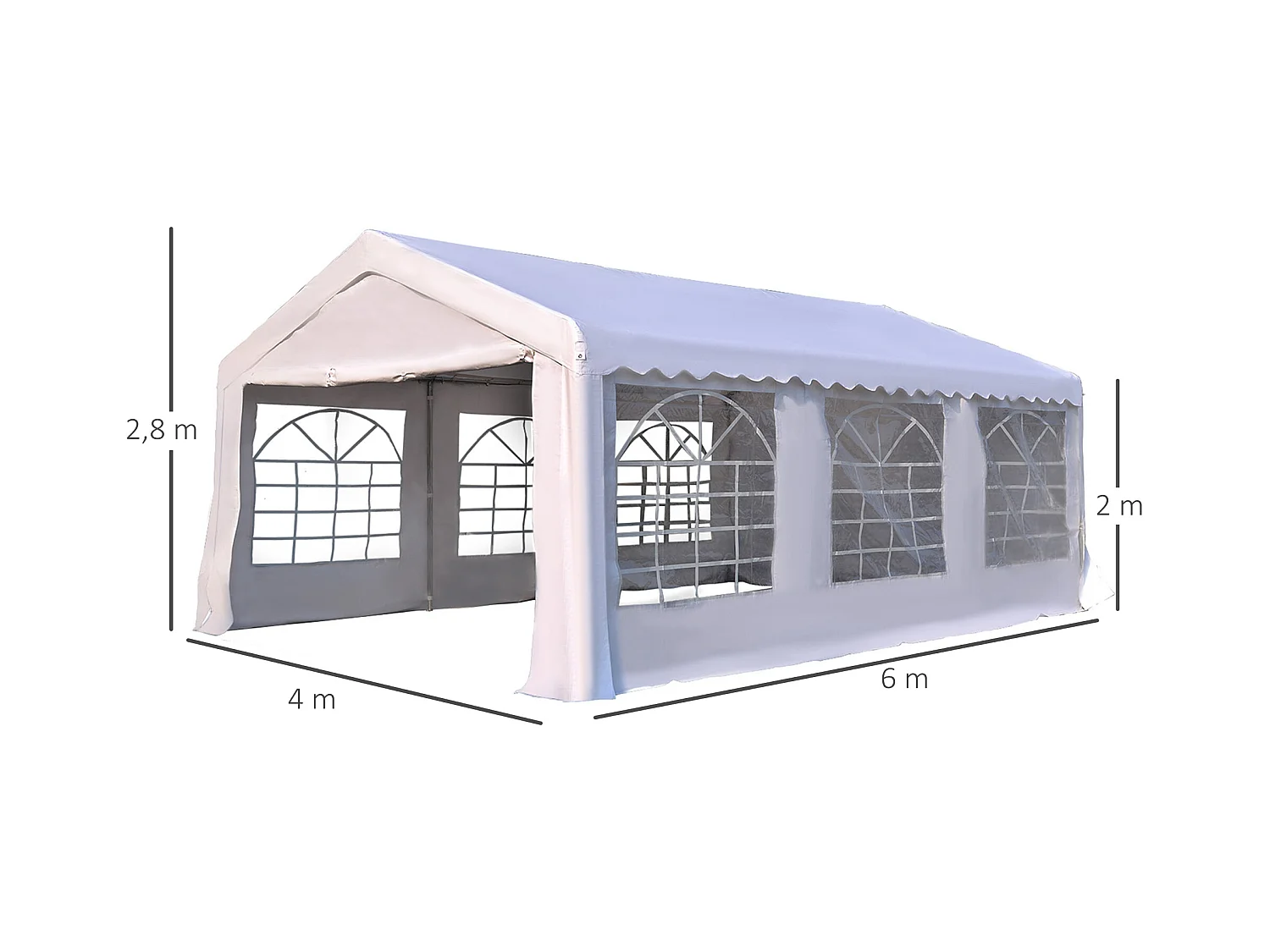 Tente de réception tonnelle de jardin 4 parois amovibles portes zippées idéal pour fête mariage soirée 6 x 4 x 2,8 m acier toile polyéthylène 180 g/m² blanc
