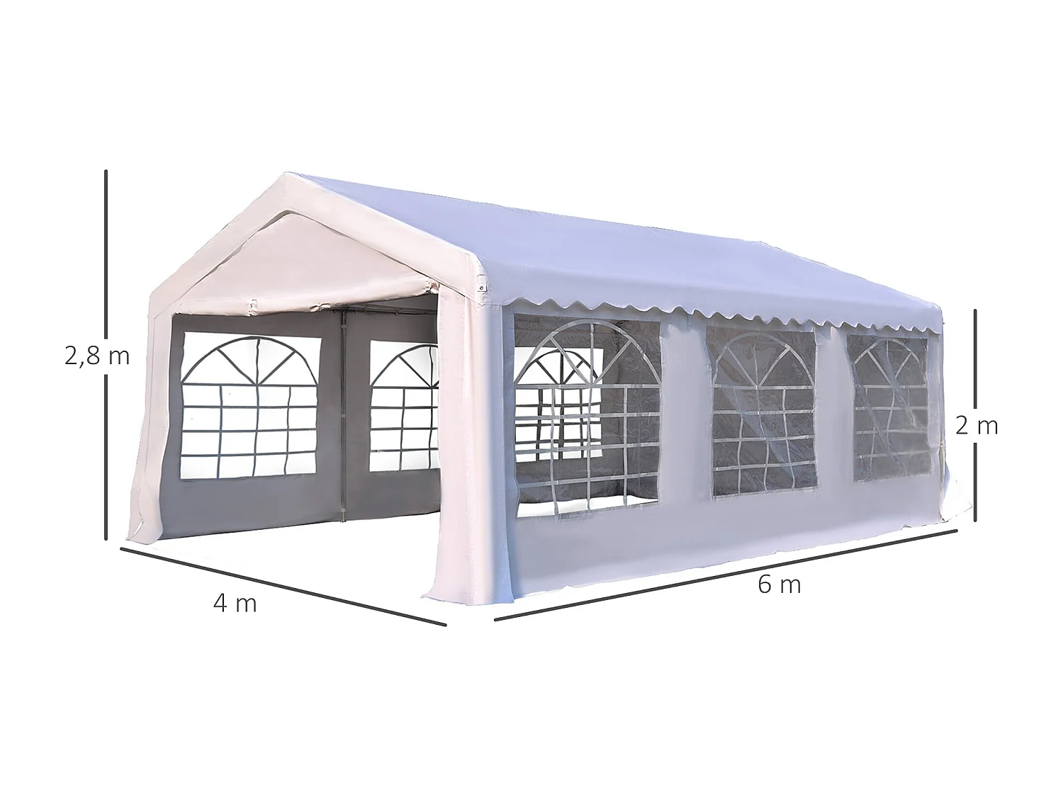 Tente de réception tonnelle de jardin 4 parois amovibles portes zippées idéal pour fête mariage soirée 6 x 4 x 2,8 m acier toile polyéthylène 180 g/m² blanc