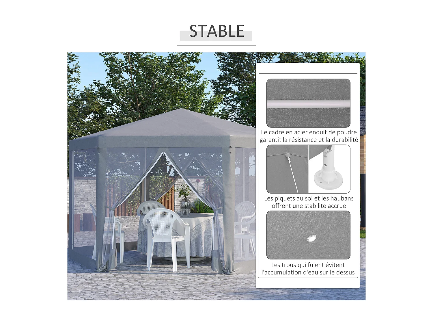 Tonnelle barnum tente de réception hexagonale style cosy métal polyester imperméabilisé surface env. 10 m² gris