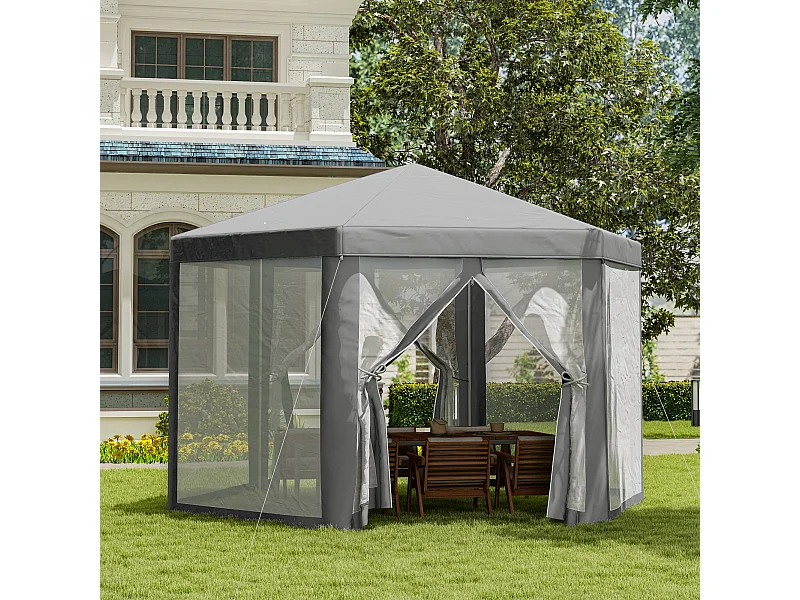 Tonnelle barnum tente de réception hexagonale style cosy métal polyester imperméabilisé surface env. 10 m² gris