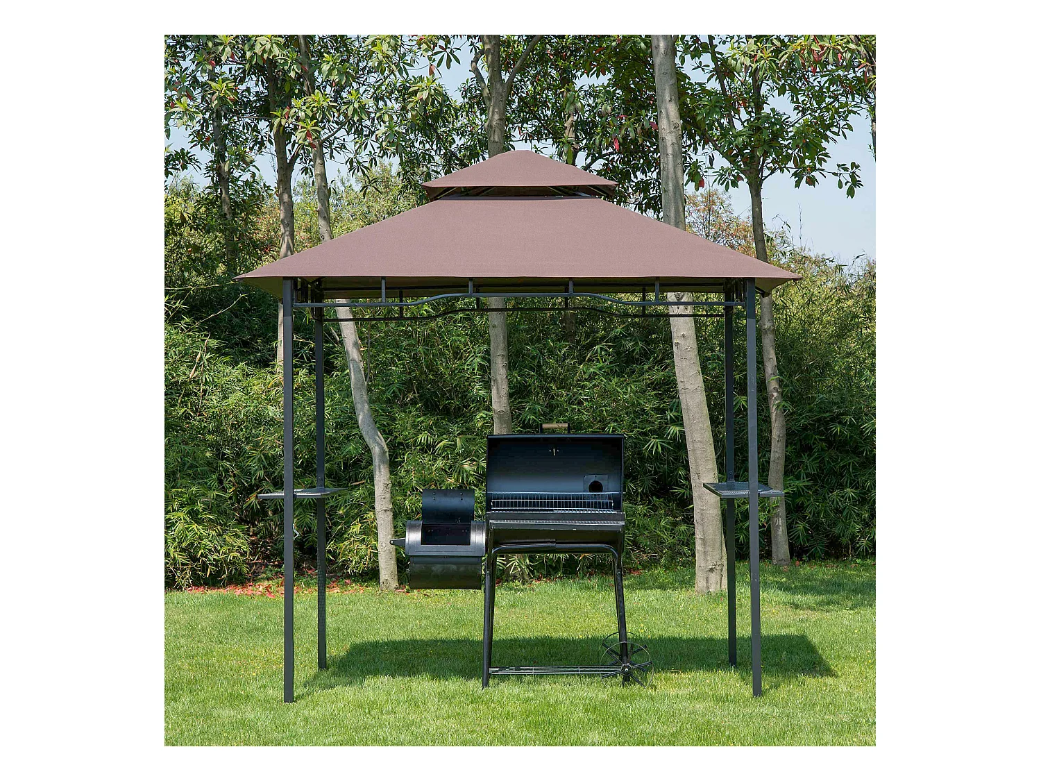 Pavillon abri tonnelle de jardin pour barbecue double toit 2 tablettes incluses tissu polyester acier 2,45 x 1,48 x 2,55 m chocolat