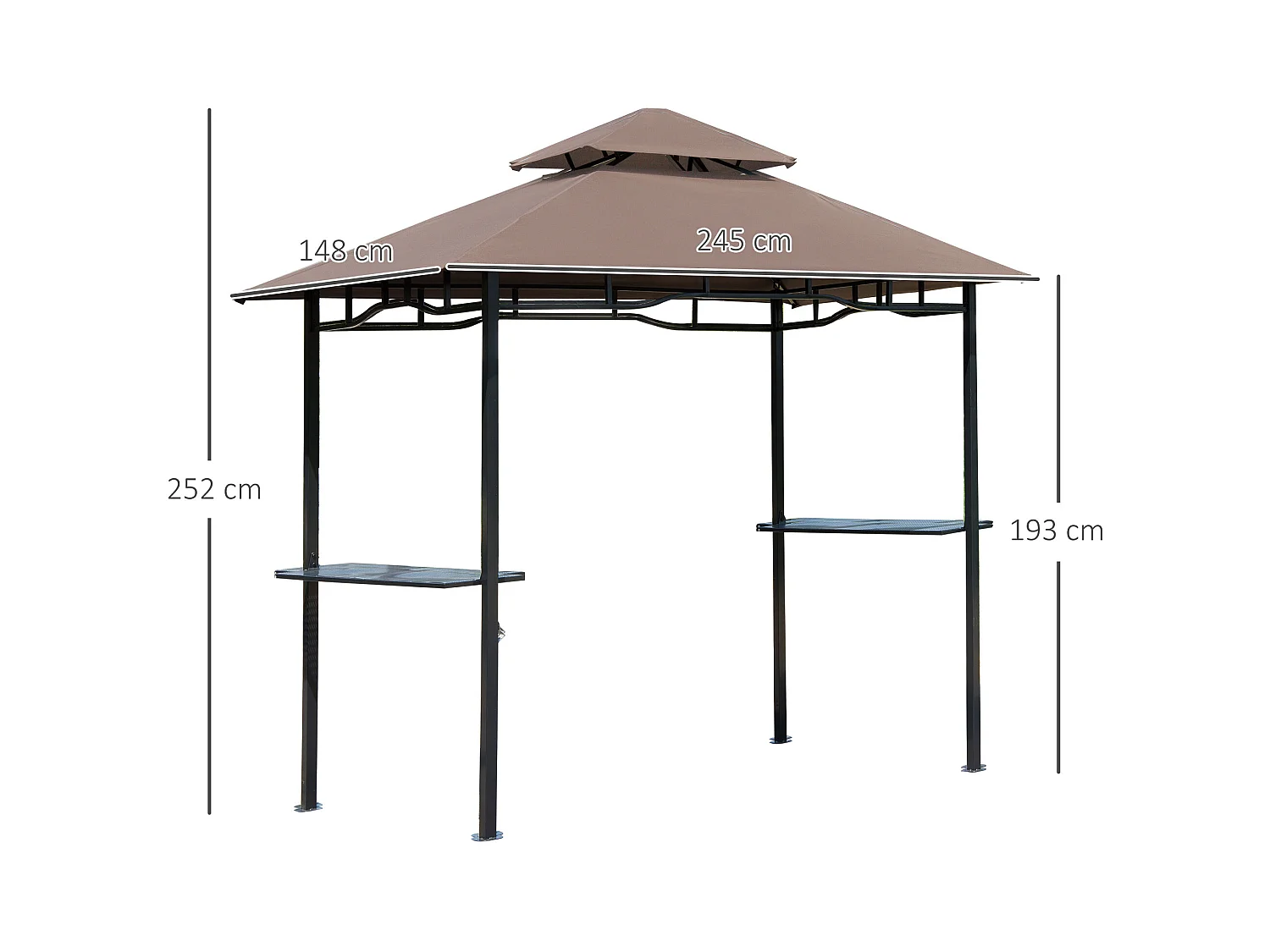 Pavillon abri tonnelle de jardin pour barbecue double toit 2 tablettes incluses tissu polyester acier 2,45 x 1,48 x 2,55 m chocolat