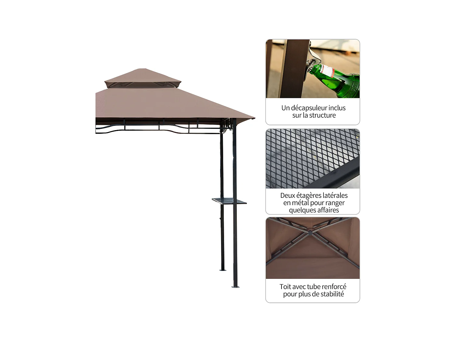 Pavillon abri tonnelle de jardin pour barbecue double toit 2 tablettes incluses tissu polyester acier 2,45 x 1,48 x 2,55 m chocolat