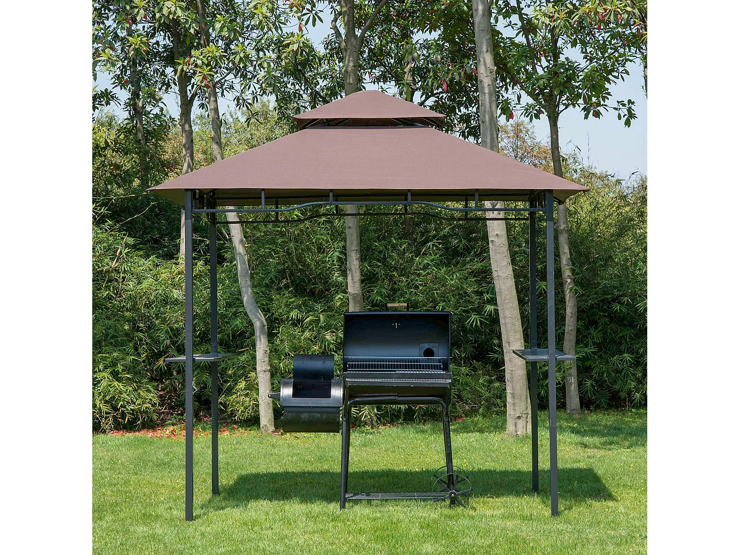 Pavillon abri tonnelle de jardin pour barbecue double toit 2 tablettes incluses tissu polyester acier 2,45 x 1,48 x 2,55 m chocolat