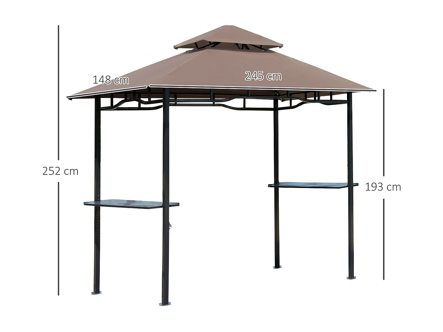 Pavillon abri tonnelle de jardin pour barbecue double toit 2 tablettes incluses tissu polyester acier 2,45 x 1,48 x 2,55 m chocolat