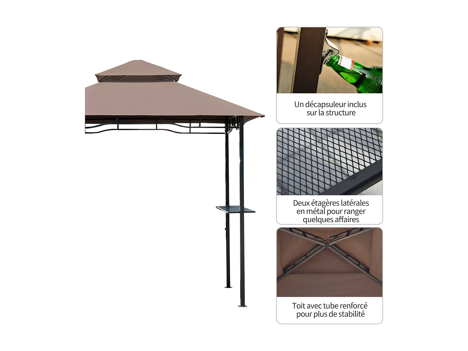 Pavillon abri tonnelle de jardin pour barbecue double toit 2 tablettes incluses tissu polyester acier 2,45 x 1,48 x 2,55 m chocolat