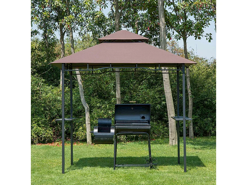 Pavillon abri tonnelle de jardin pour barbecue double toit 2 tablettes incluses tissu polyester acier 2,45 x 1,48 x 2,55 m chocolat