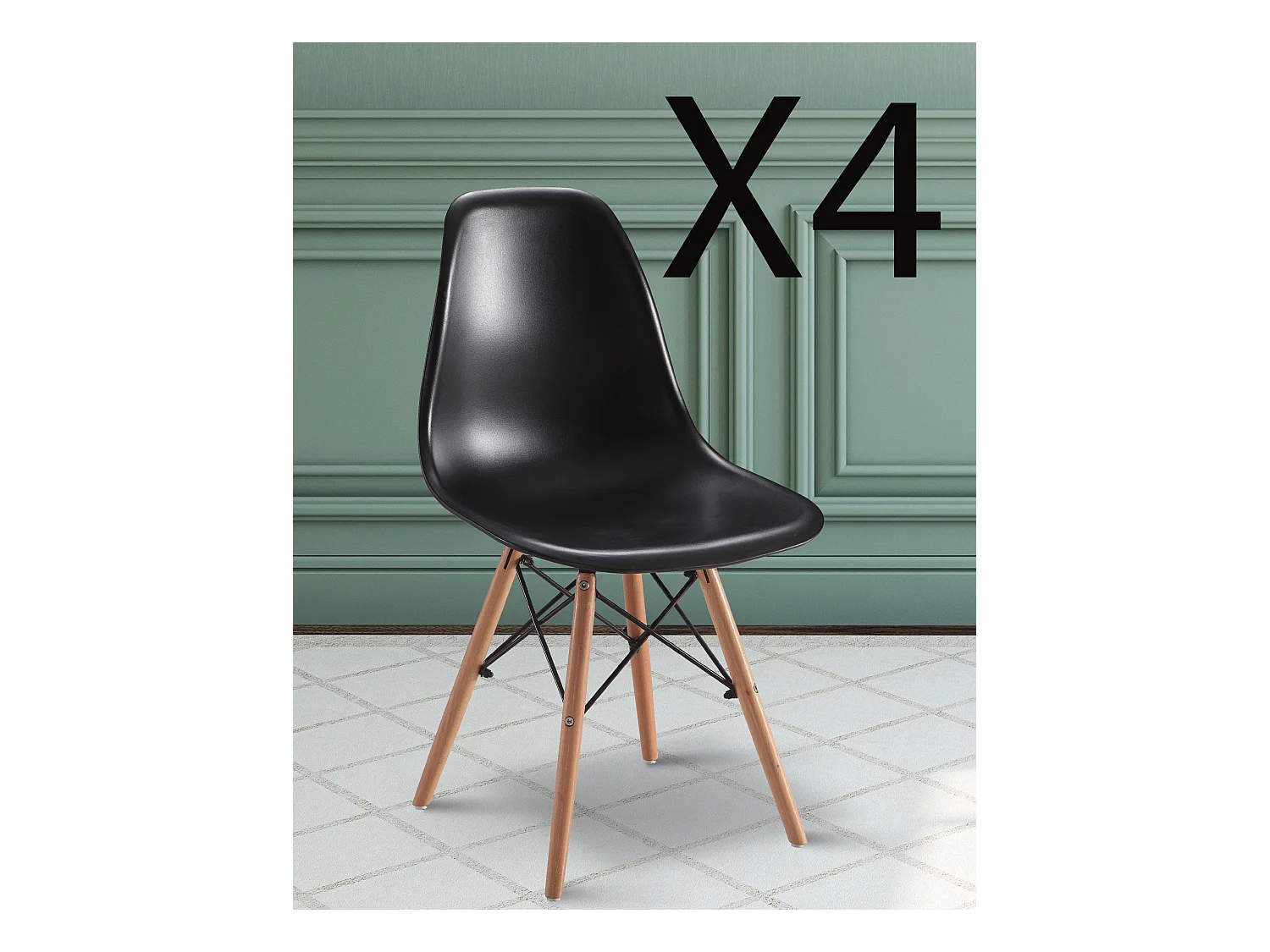Lot de 4 chaises en résine coloris noir avec pieds en bois - longueur 45 x profondeur 53 x Hauteur 83 cm