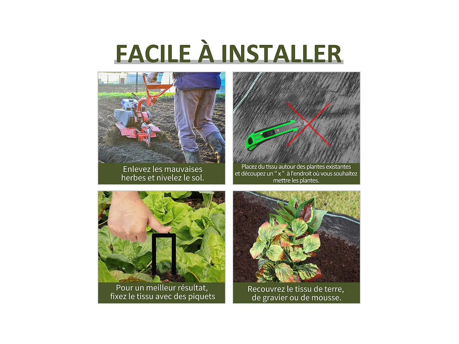 Toiles de paillage - Toile anti mauvaises herbes - toile de paillage anti mauvaises herbes 100 g/m² - indéchirable perméable à l'eau anti UV - PP noir vert