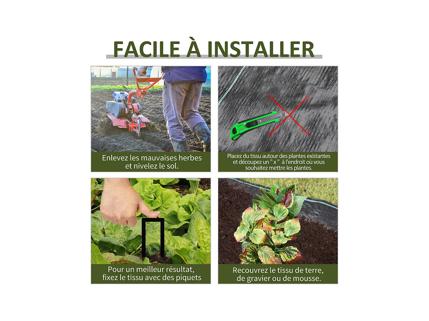 Toiles de paillage - Toile anti mauvaises herbes - toile de paillage anti mauvaises herbes 100 g/m² - indéchirable perméable à l'eau anti UV - PP noir vert