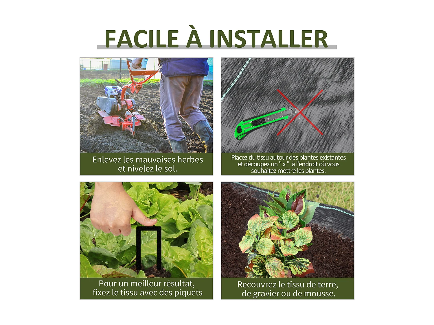 Toiles de paillage - Toile anti mauvaises herbes - toile de paillage anti mauvaises herbes 100 g/m² - indéchirable perméable à l'eau anti UV - PP noir vert