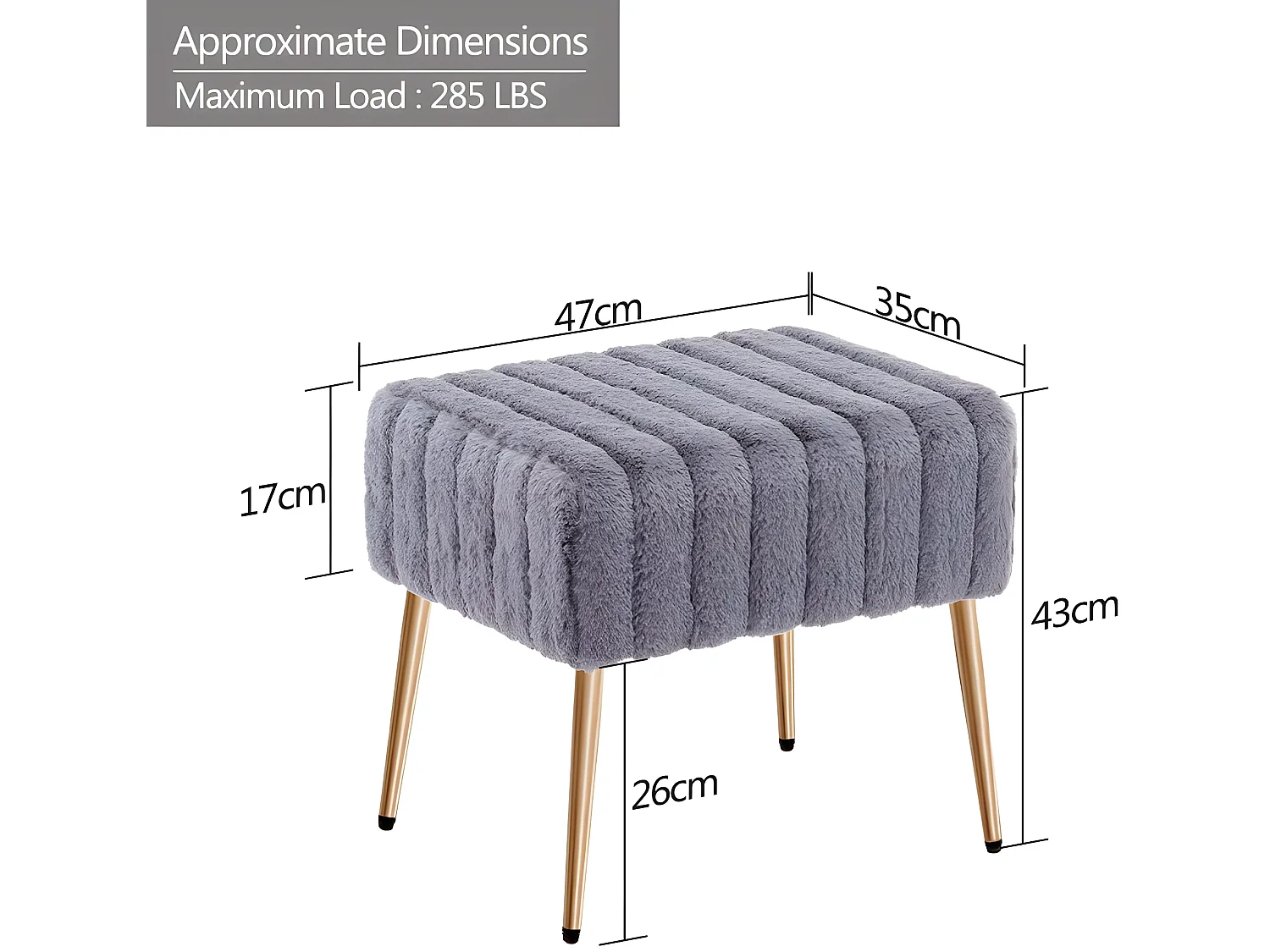 Tabouret repose pieds rembourré en tissu poil velours gris pieds métal doré TABO09073