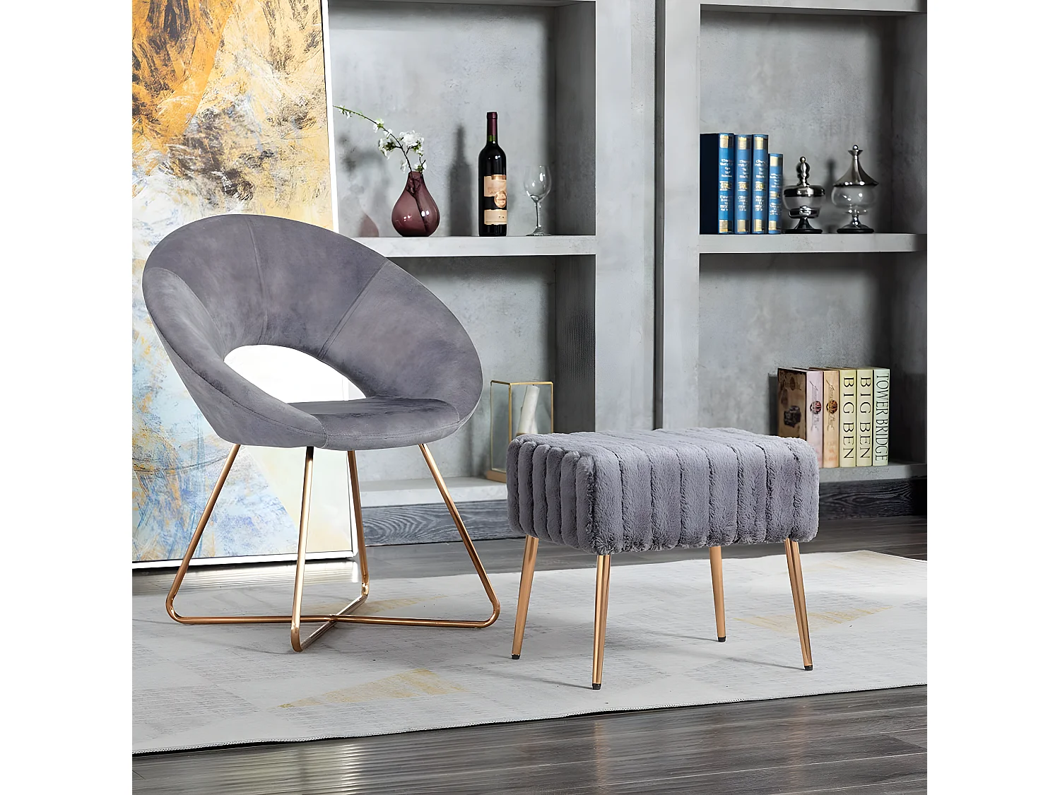 Tabouret repose pieds rembourré en tissu poil velours gris pieds métal doré TABO09073