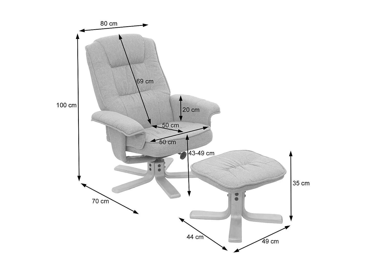 Fauteuil relax TV fauteuil tissu grise 80 x 70 x 100 cm 04_0002927
