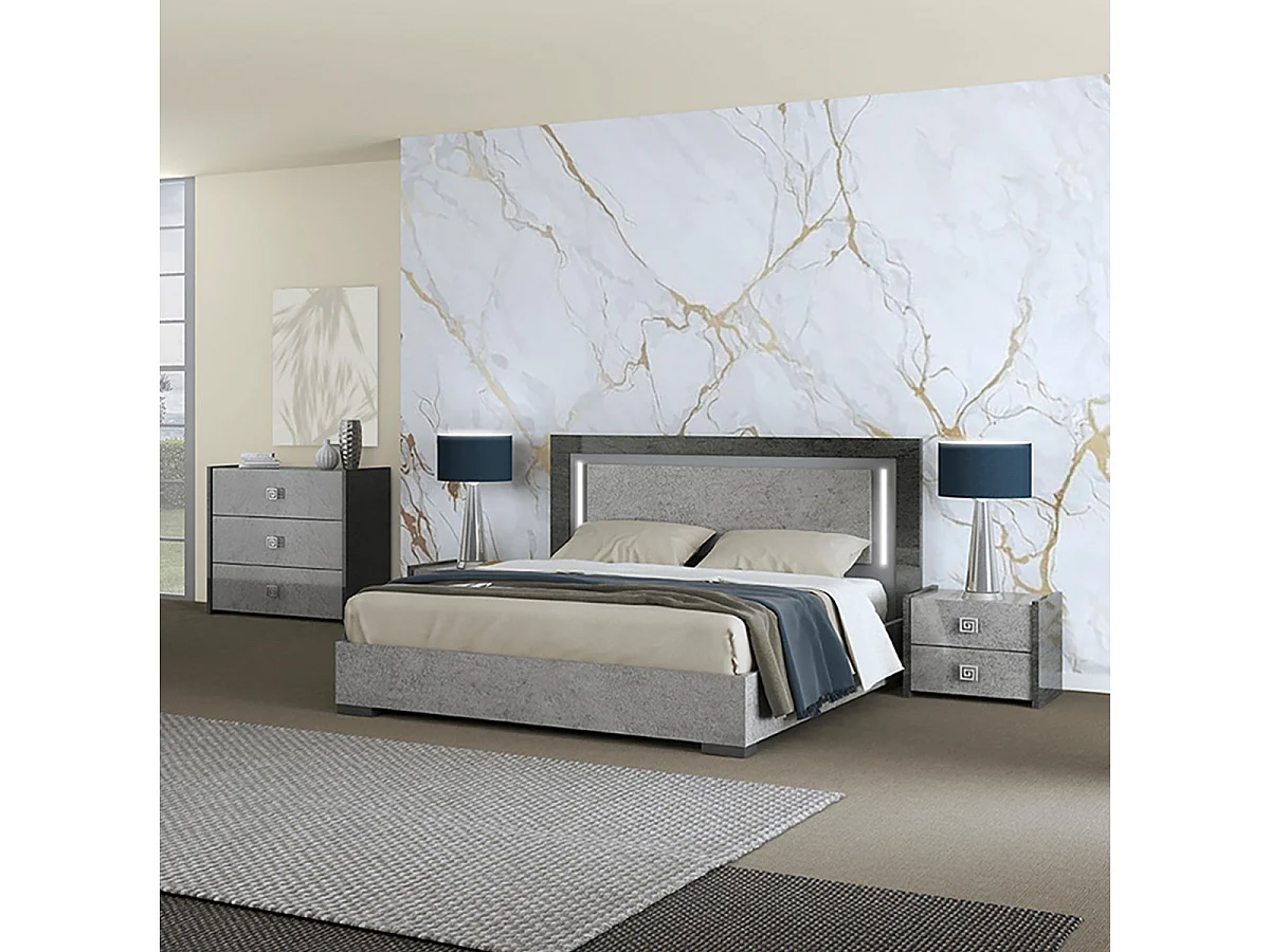 HYDE - Lit 140x190cm Gris Effet Pierre avec Leds