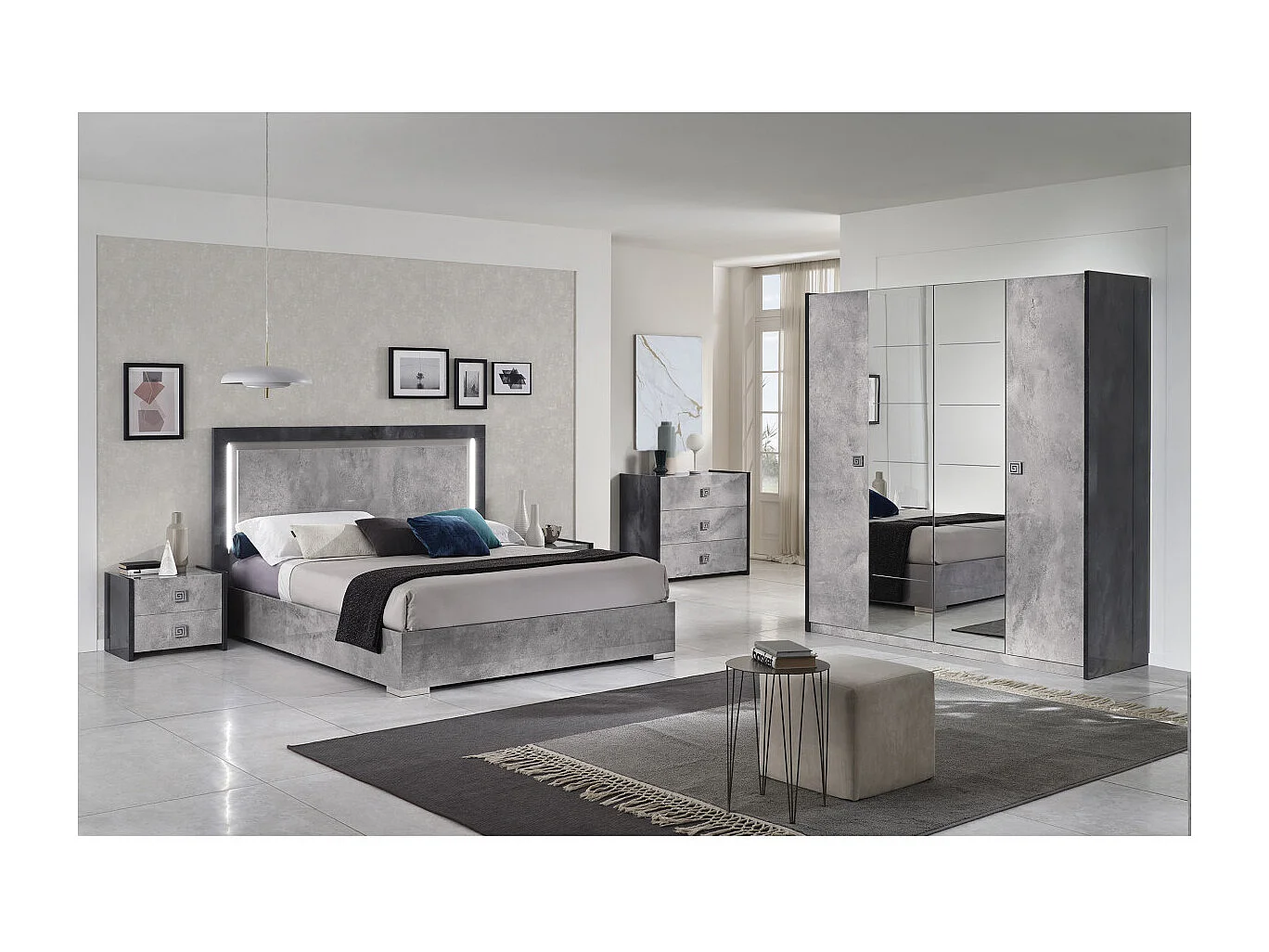 HYDE - Lit 140x190cm Gris Effet Pierre avec Leds