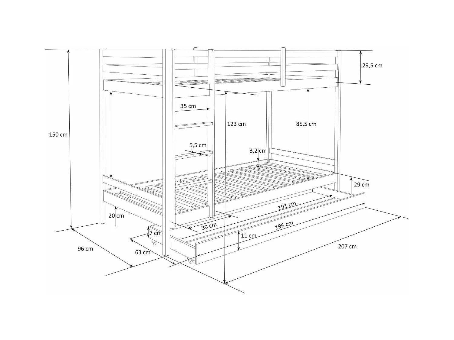 Lit enfant superposé en bois blanche 207 x 97 x 150 cm LIT06099