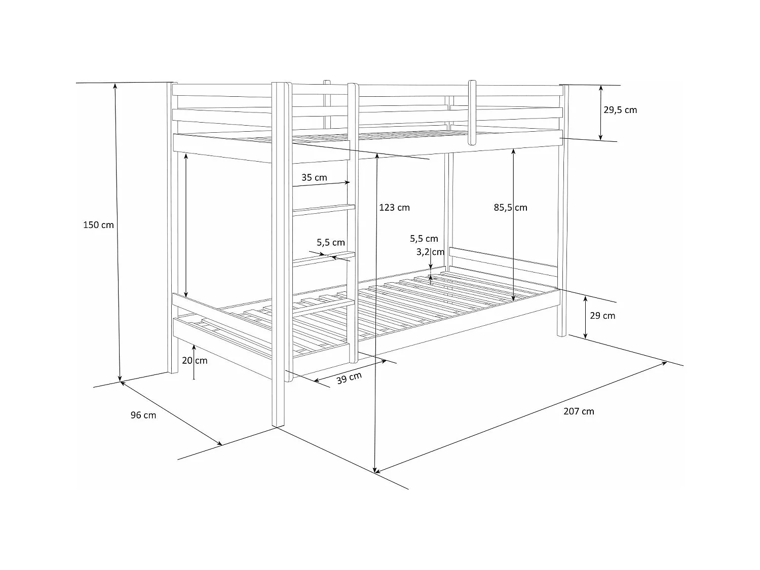 Lit enfant superposé en bois blanche 207 x 97 x 150 cm LIT06097