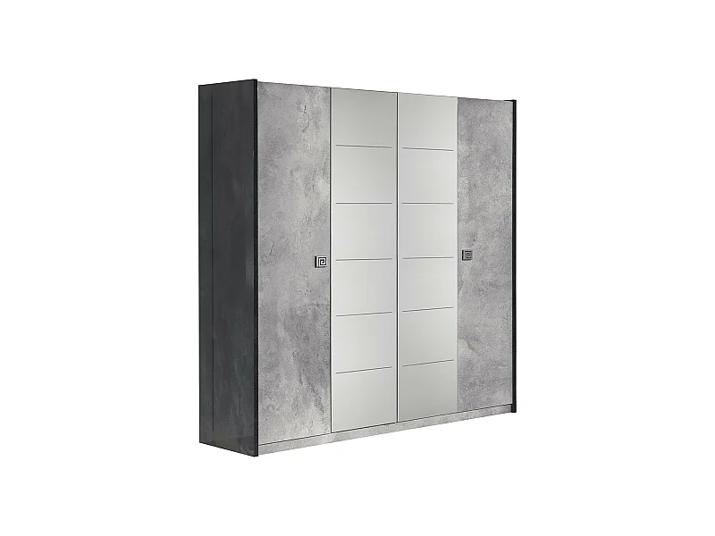 HYDE - Armoire 4 Portes avec Miroir Gris Effet Pierre
