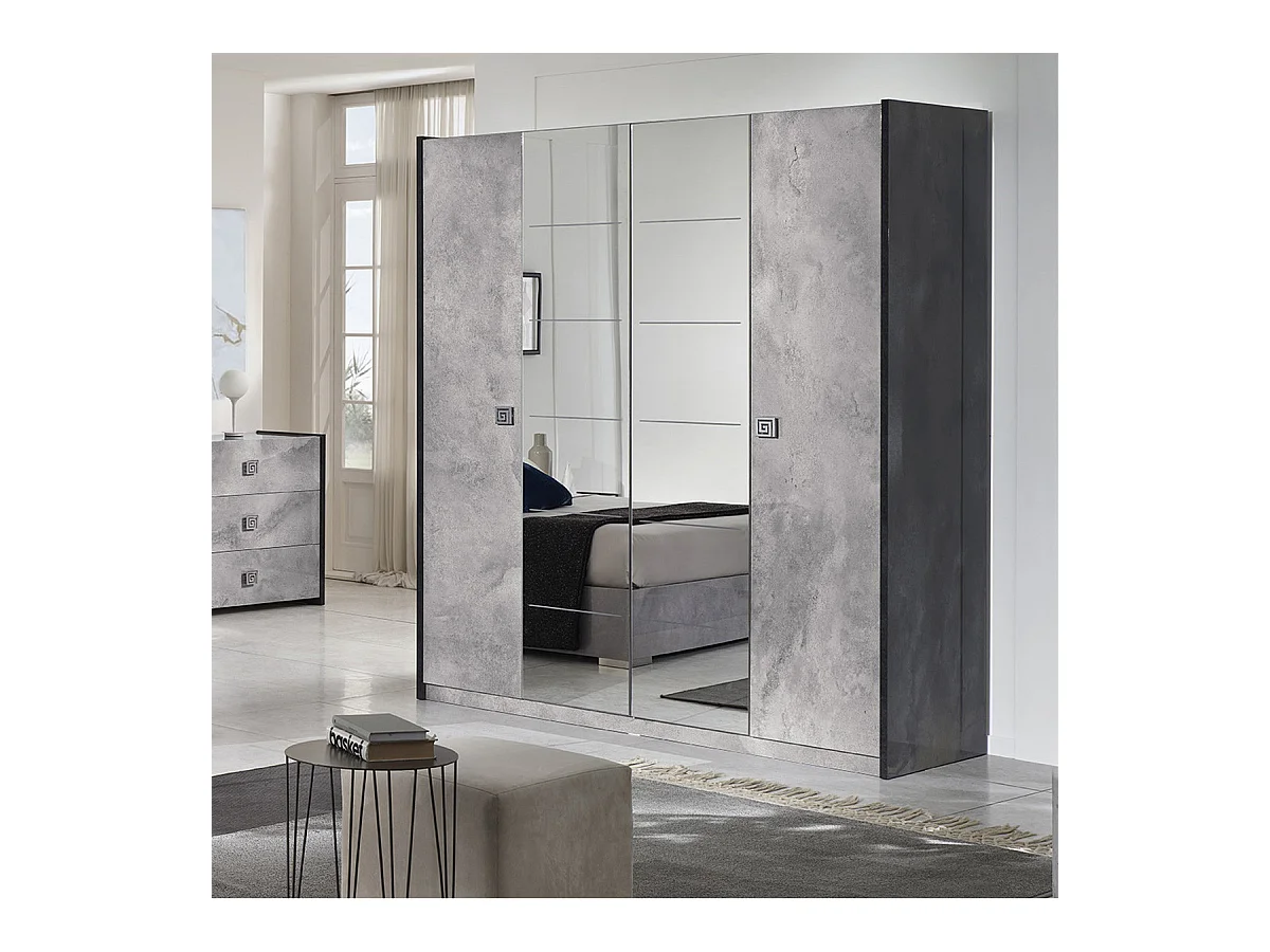 HYDE - Armoire 4 Portes avec Miroir Gris Effet Pierre