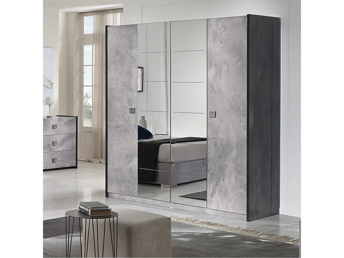 HYDE - Armoire 4 Portes avec Miroir Gris Effet Pierre