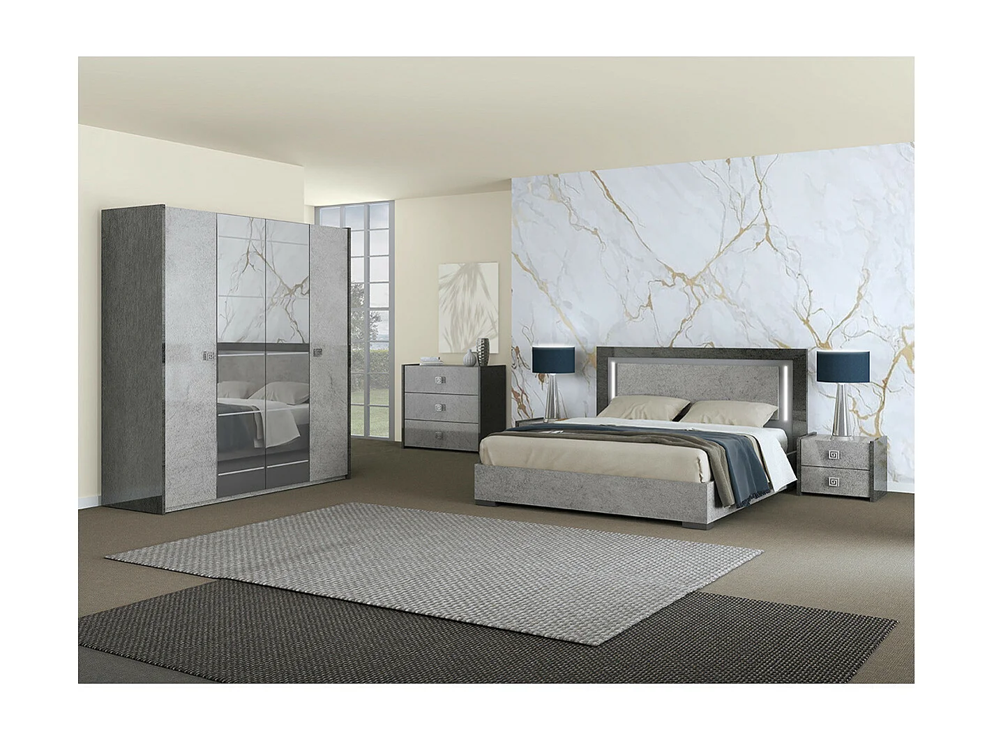 HYDE - Armoire 4 Portes avec Miroir Gris Effet Pierre