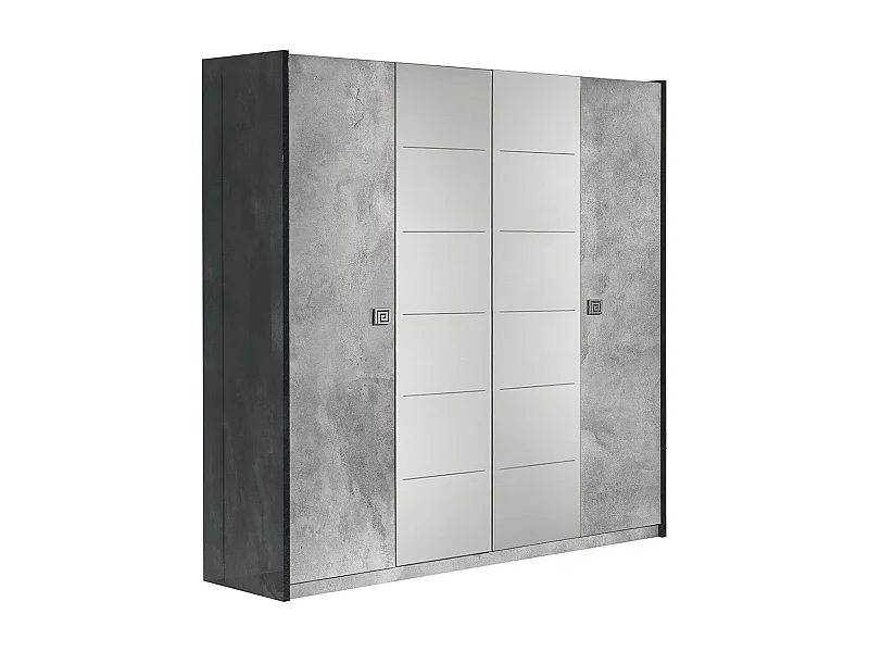 HYDE - Armoire 4 Portes avec Miroir Gris Effet Pierre