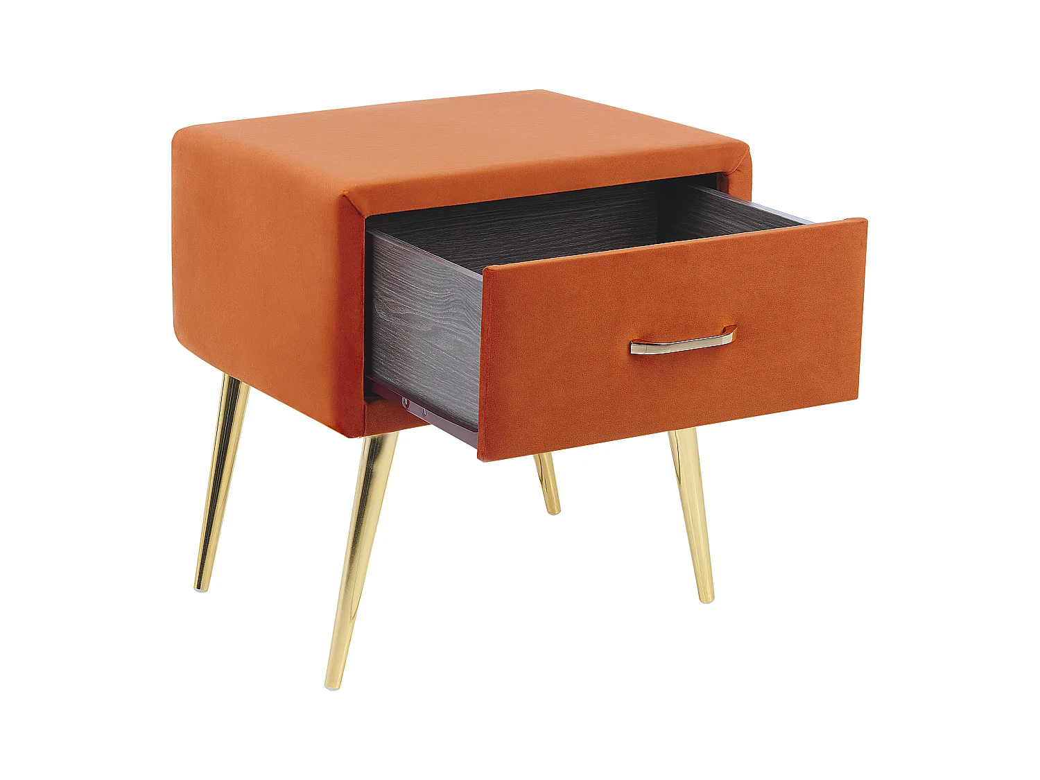 Nachttisch Samtstoff orange mit Schublade Metallgestell gold Modern Glam Flayat