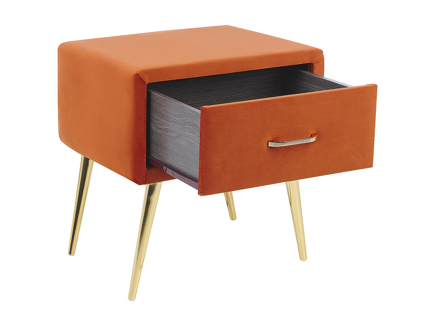 Nachttisch Samtstoff orange mit Schublade Metallgestell gold Modern Glam Flayat