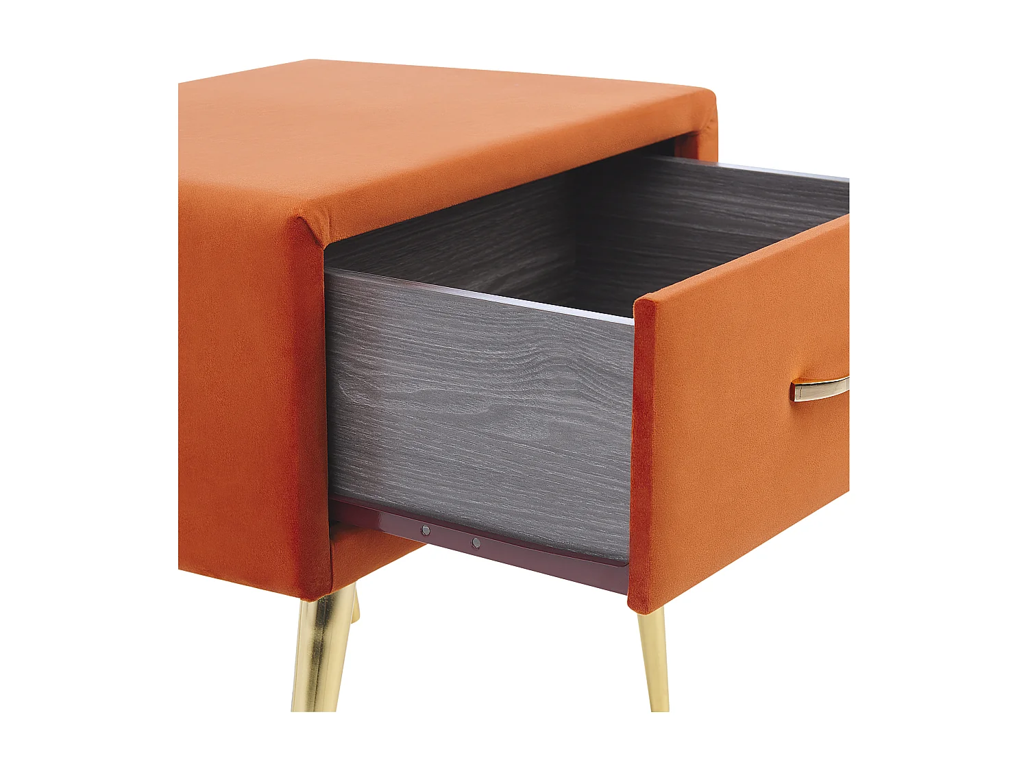 Nachttisch Samtstoff orange mit Schublade Metallgestell gold Modern Glam Flayat
