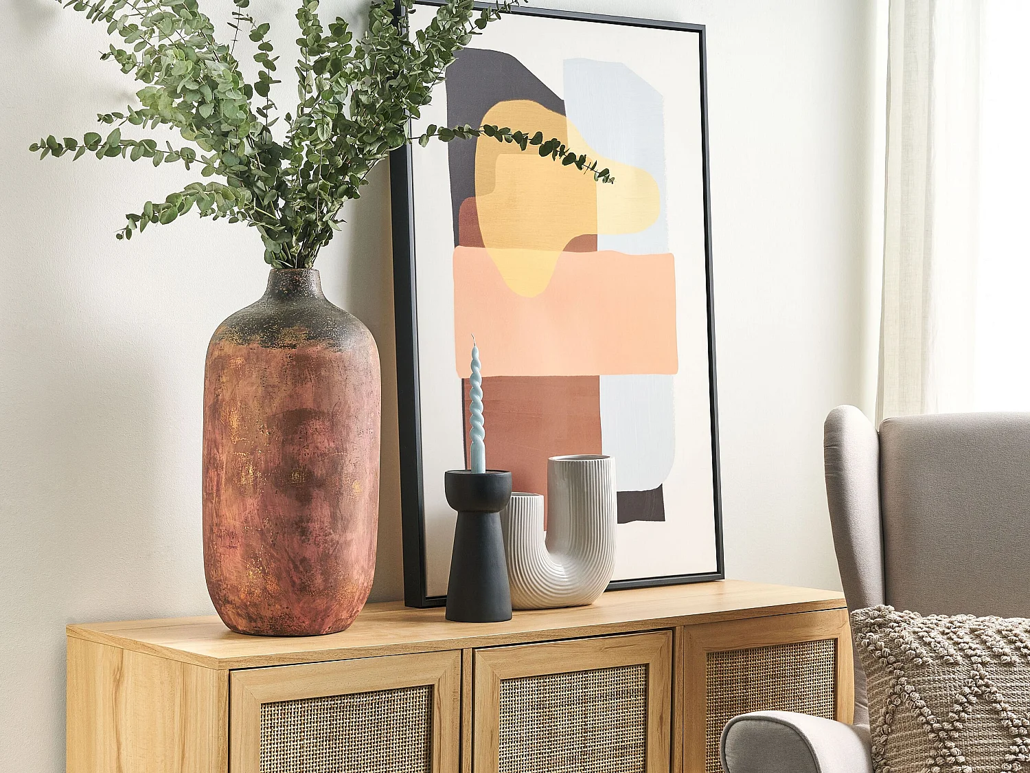 Ovale Blumenvase Terrakotta handgefertigt kupfer / schwarz hohe Form Saragossa