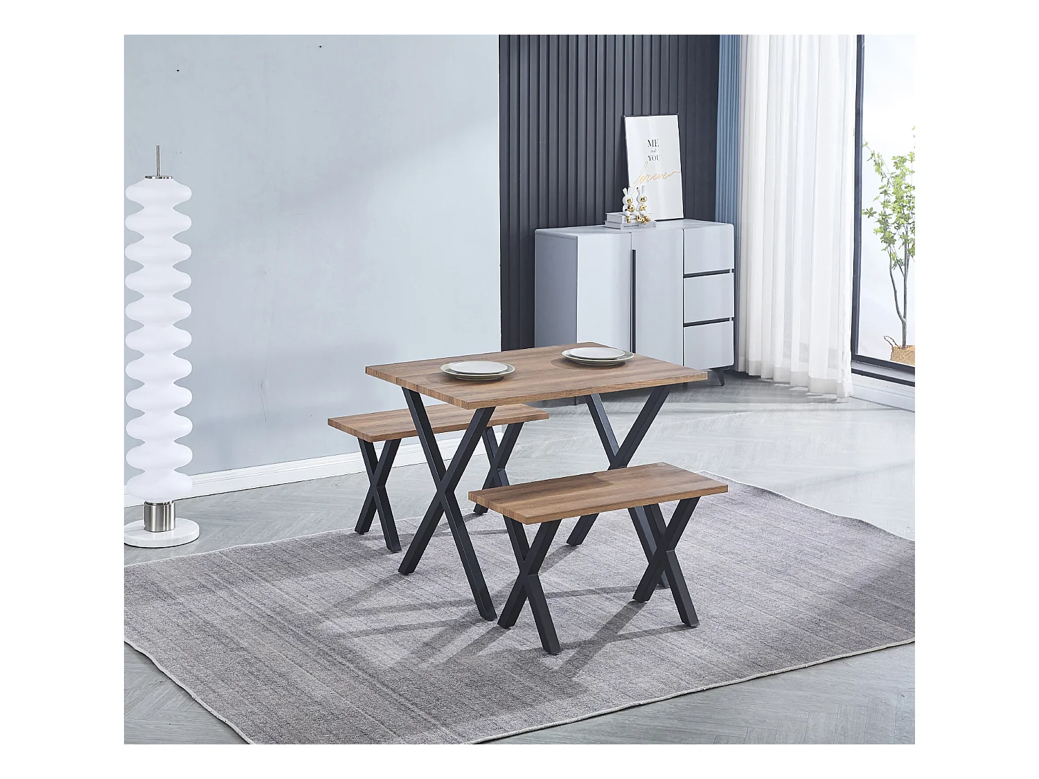 Ensemble de table de cuisine + 2 tabourets en MDF avec pieds en métal noir