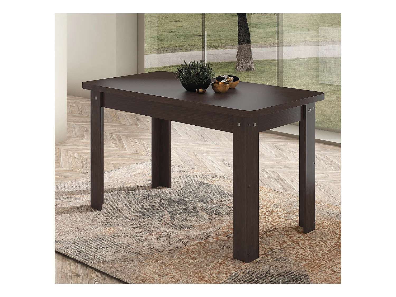 Table à manger, table de salon rectangulaire coloris wengué - longueur 140 x profondeur 80 x Hauteur 73,6 cm