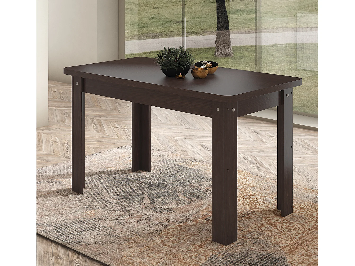 Table à manger, table de salon rectangulaire coloris wengué - longueur 140 x profondeur 80 x Hauteur 73,6 cm