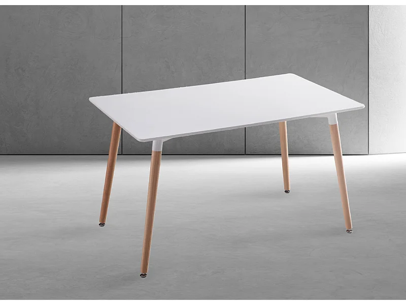 Table de cuisine, table à manger coloris blanc mat avec pieds naturel - Longueur 100  x Profondeur 70 x Hauteur  75 cm